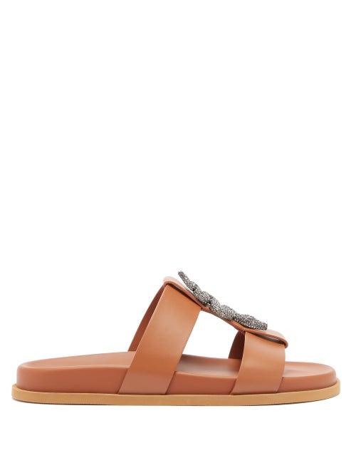 Matchesfashion.com Valentino Garavani - Crystal-embellished Snake-plaque Leather Slides - Womens - Tan