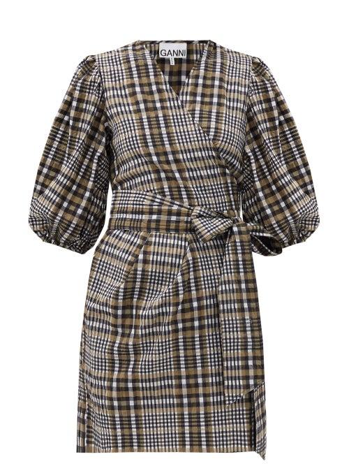 Matchesfashion.com Ganni - Puff-sleeved Checked Seersucker Wrap Dress - Womens - Grey Multi