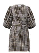Matchesfashion.com Ganni - Puff-sleeved Checked Seersucker Wrap Dress - Womens - Grey Multi