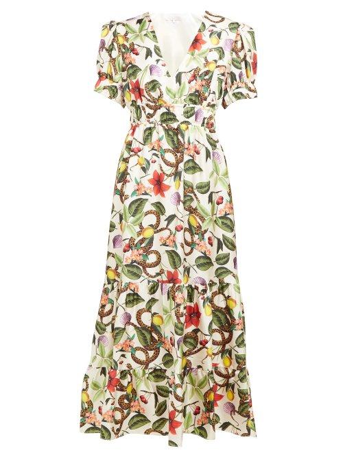 Matchesfashion.com Borgo De Nor - Lucia Garden Print Silk Twill Midi Dress - Womens - White Multi