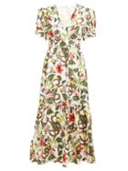 Matchesfashion.com Borgo De Nor - Lucia Garden Print Silk Twill Midi Dress - Womens - White Multi