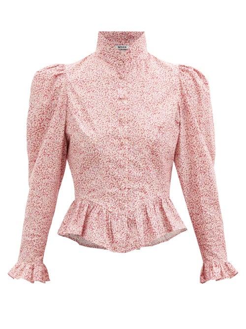 Matchesfashion.com Batsheva - Grace Floral-print Puff-sleeved Cotton Blouse - Womens - Burgundy