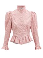 Matchesfashion.com Batsheva - Grace Floral-print Puff-sleeved Cotton Blouse - Womens - Burgundy