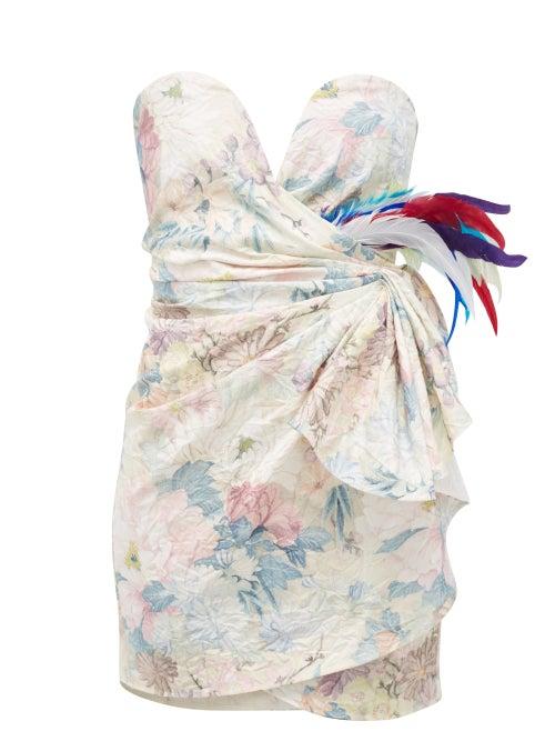 Matchesfashion.com The Attico - Floral-print Feather-trimmed Strapless Mini Dress - Womens - White Multi