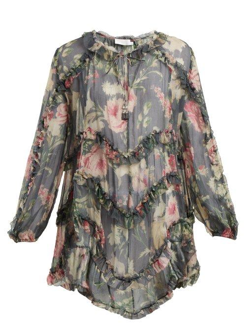 Matchesfashion.com Zimmermann - Iris Floral Printed Sheer Silk Top - Womens - Charcoal Print