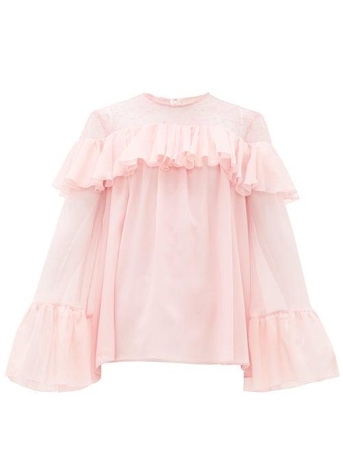 Matchesfashion.com Giambattista Valli - Chantilly Lace-trimmed Ruffled Silk Blouse - Womens - Light Pink