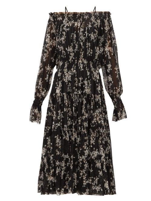 Matchesfashion.com Norma Kamali - Floral Print Tiered Off The Shoulder Midi Dress - Womens - Black Print