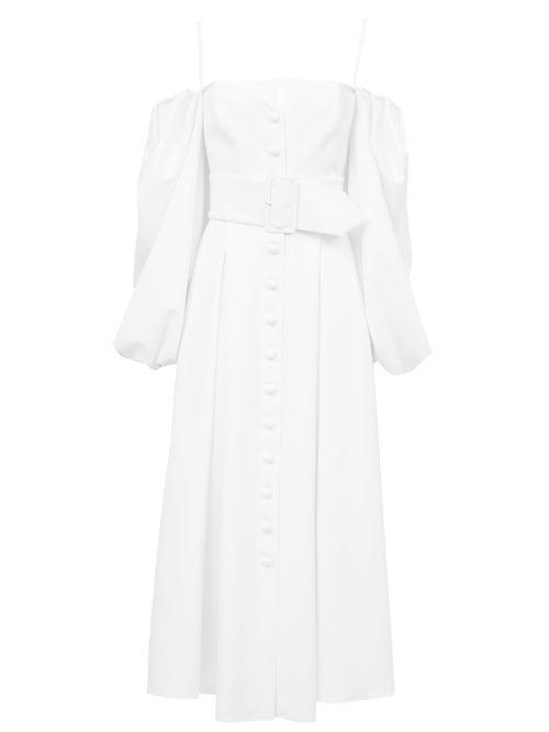 Matchesfashion.com Sara Battaglia - Off-the-shoulder Belted Poplin Dress - Womens - White
