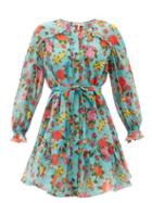 Ladies Rtw Saloni - Pixie Dahlia-print Cotton-voile Mini Dress - Womens - Green Multi