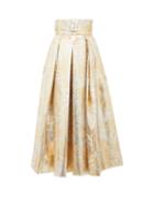 Matchesfashion.com Sara Battaglia - Belted High-rise Palm-leaf Brocade Midi Skirt - Womens - Gold Multi