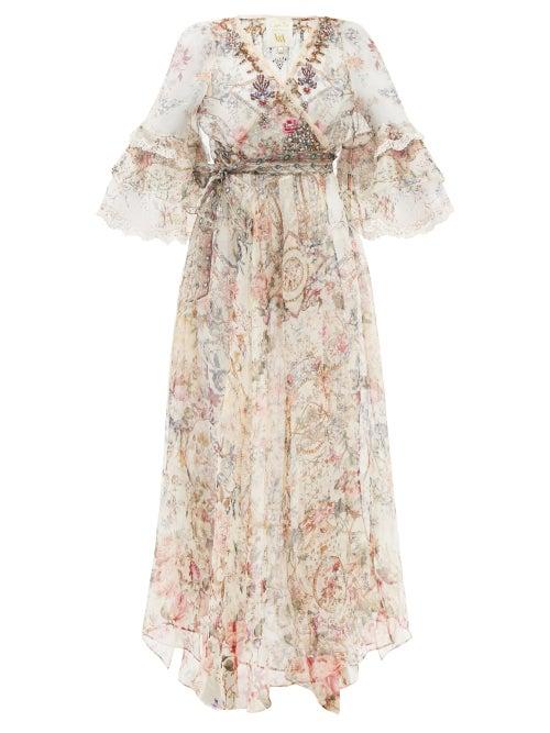 Camilla - Ruffled London Looms-print Silk-chiffon Maxi Dres - Womens - Ivory Multi