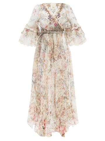 Camilla - Ruffled London Looms-print Silk-chiffon Maxi Dres - Womens - Ivory Multi