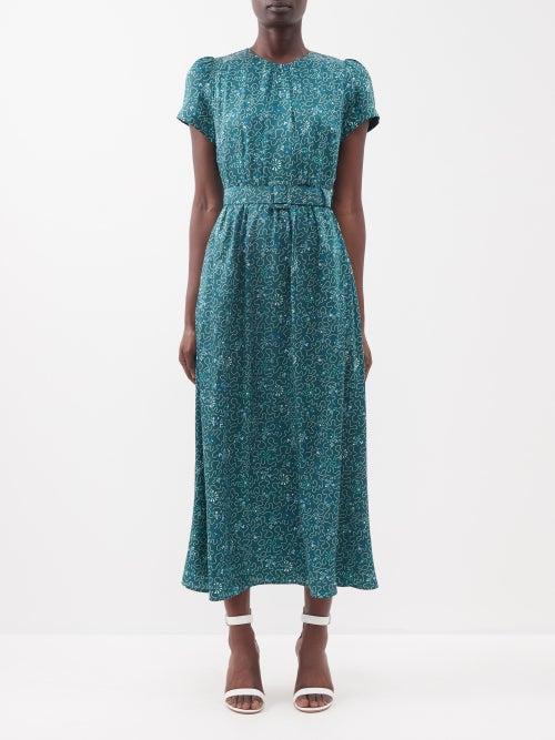 Cefinn - Nina Belted Printed-twill Midi Dress - Womens - Green White