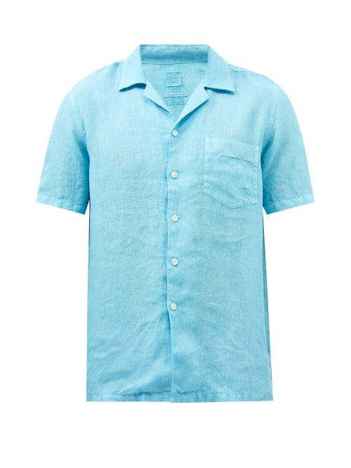 120 Lino 120% Lino - Cuban-collar Slubbed Linen-hopsack Shirt - Mens - Light Blue
