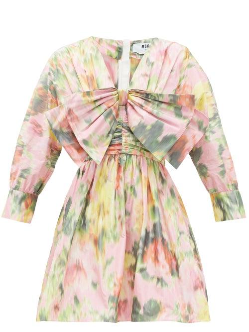 Matchesfashion.com Msgm - Bow-trimmed Floral-print Taffeta Mini Dress - Womens - Pink Print