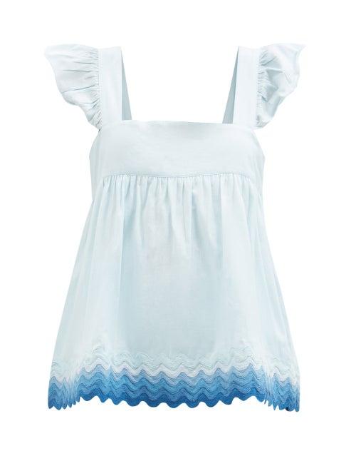 Juliet Dunn - Rickrack-trimmed Cotton-poplin Top - Womens - Light Blue