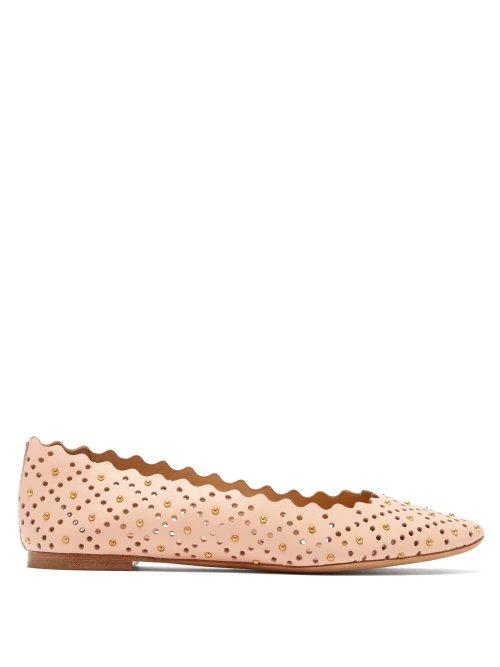 Matchesfashion.com Chlo - Lauren Studded Scallop Edge Leather Ballet Flats - Womens - Light Pink