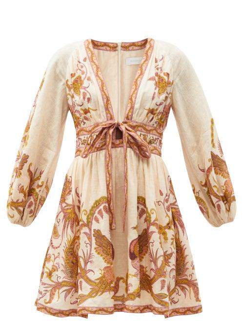Ladies Beachwear Zimmermann - Cassia Bow-embellished Floral-print Mini Dress - Womens - Cream Print