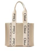 Chlo - Woody Medium Logo-print Linen-canvas Tote Bag - Womens - Beige Multi