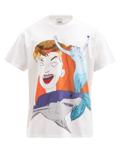 Matchesfashion.com Burberry - Shark And Mermaid-print Cotton-jersey T-shirt - Mens - White Multi