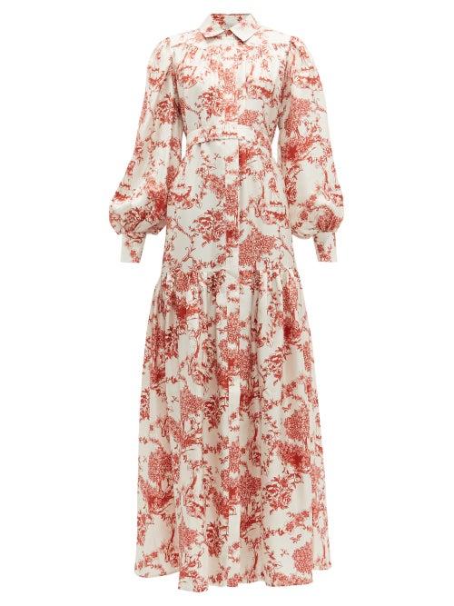 Matchesfashion.com Evi Grintela - Elsa Floral Print Silk Twill Shirtdress - Womens - Red White