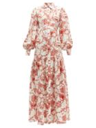 Matchesfashion.com Evi Grintela - Elsa Floral Print Silk Twill Shirtdress - Womens - Red White
