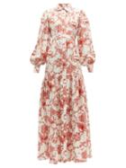 Matchesfashion.com Evi Grintela - Elsa Floral Print Silk Twill Shirtdress - Womens - Red White