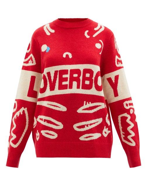 Ladies Rtw Charles Jeffrey Loverboy - Logo-jacquard Wool-blend Sweater - Womens - Red Multi