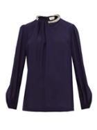 Matchesfashion.com Alexander Mcqueen - Crystal Embellished Silk Blouse - Womens - Navy