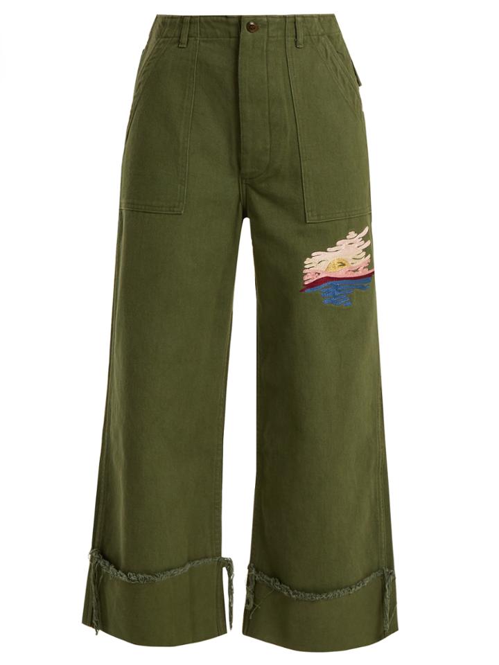 Bliss And Mischief Sunset-embroidered Cropped Cotton-drill Trousers