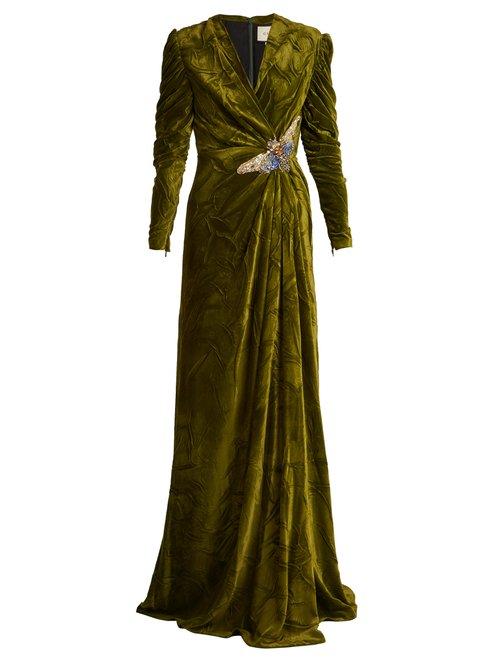 Matchesfashion.com Gucci - V Neck Embellished Velvet Gown - Womens - Green