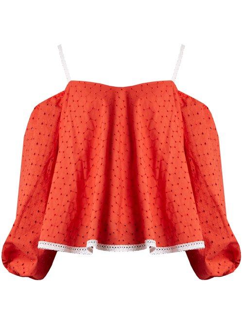 Matchesfashion.com Anna October - Puff Sleeve Off The Shoulder Broderie Anglaise Top - Womens - Red