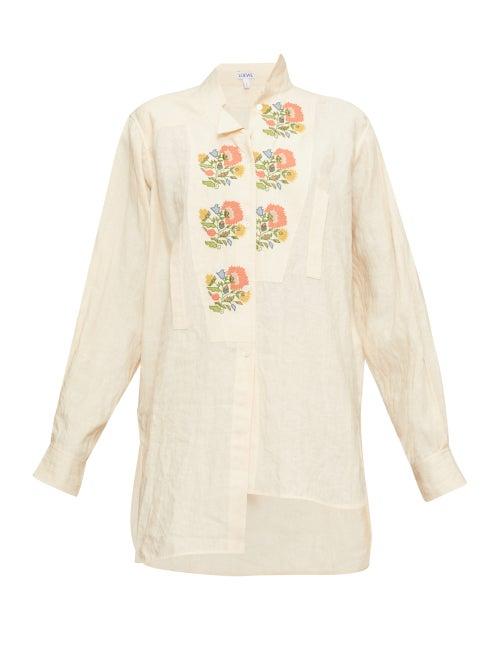 Matchesfashion.com Loewe - Asymmetric Floral Cross-stitch Linen Shirt - Womens - Cream Multi