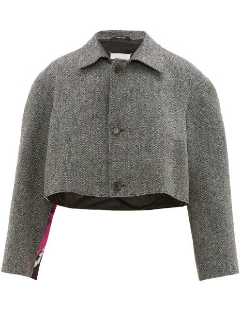 Matchesfashion.com Maison Margiela - Flamingo Print Satin And Tweed Cropped Jacket - Mens - Grey