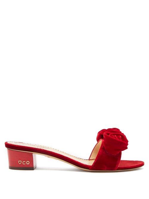 Matchesfashion.com Charlotte Olympia - Etta Rose Appliqu Velvet Sandals - Womens - Red