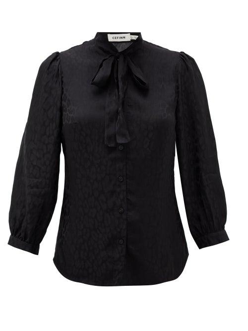 Matchesfashion.com Cefinn - Pussy-bow Leopard-jacquard Blouse - Womens - Black