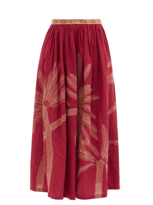 Matchesfashion.com Le Sirenuse, Positano - Jane Palm-embroidered Linen Midi Skirt - Womens - Burgundy