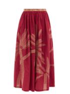 Matchesfashion.com Le Sirenuse, Positano - Jane Palm-embroidered Linen Midi Skirt - Womens - Burgundy