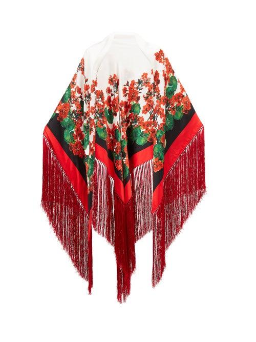 Matchesfashion.com Dolce & Gabbana - Tasseled Floral Print Satin Shawl - Womens - Red