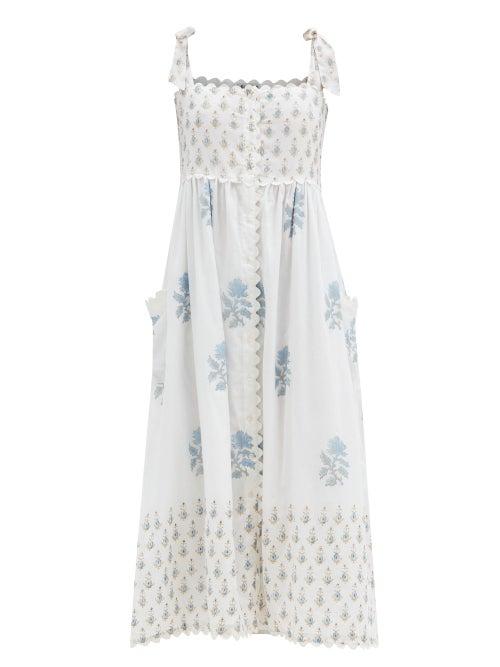 Matchesfashion.com Juliet Dunn - Floral-print Tie-shoulder Cotton Midi Dress - Womens - Blue White