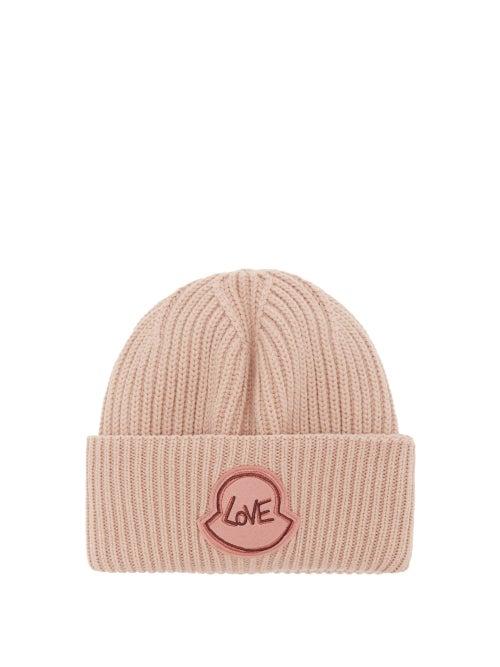 Moncler - Love Logo Ribbed-wool Beanie - Womens - Light Pink