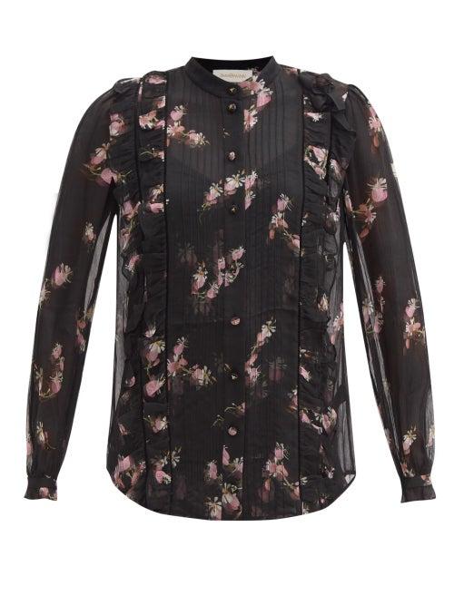 Zimmermann - Dancer Floral-print Ruffled Chiffon Blouse - Womens - Black Floral