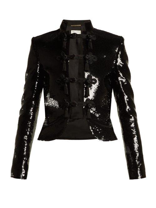 Matchesfashion.com Saint Laurent - Frog Fastening Sequined Military Jacket - Womens - Black