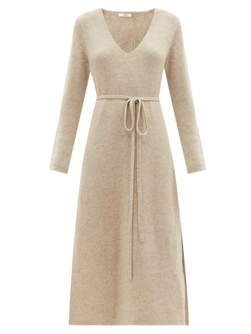 Matchesfashion.com Co - V-neck Tie-waist Ribbed Wool-blend Midi Dress - Womens - Light Brown