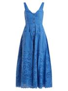 Matchesfashion.com Saloni - Fara Broderie Anglaise Cotton Midi Dress - Womens - Blue