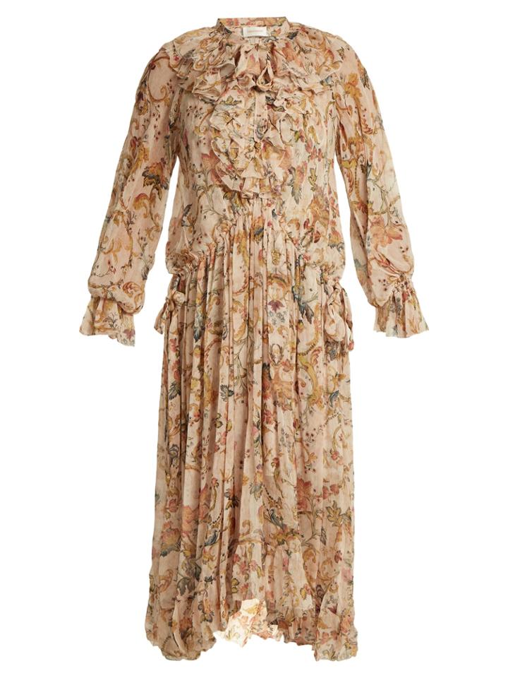 Zimmermann Painted Heart Floral-print Ruffle-trim Silk Dress