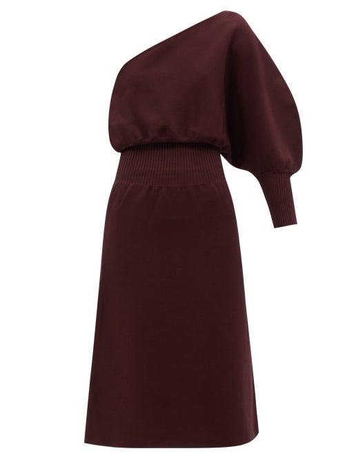 Galvan - Luna Asymmetric Balloon-sleeve Knitted Midi Dress - Womens - Burgundy