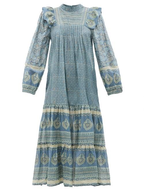 Sea - Margo Belted Floral-print Cotton-voile Maxi Dress - Womens - Blue Multi