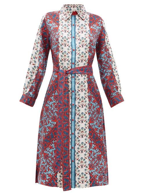 Matchesfashion.com D'ascoli - Theodora Printed Silk Midi Shirtdress - Womens - White Multi