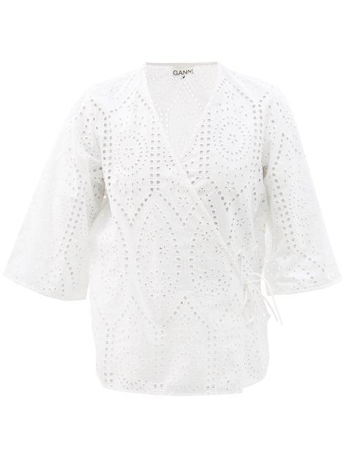 Ladies Rtw Ganni - Broderie-anglaise Organic-cotton Wrap Top - Womens - White